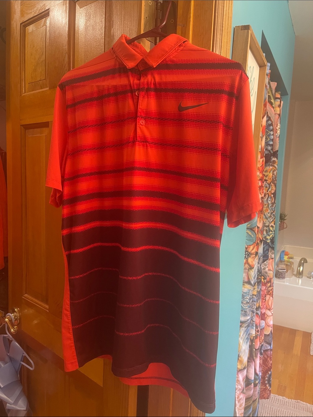 Nike Men’s Red and Black Gradient Stripe Polo